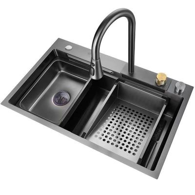 ナノ ブラック ステップ キッチン シンク 304 ステンレス スチール 手造り ウォーターフォール 蛇口